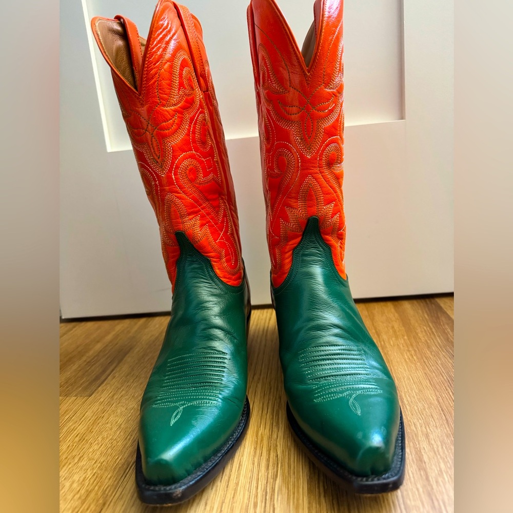 Ferrini Green Orange Leather Cowboy Boots Western Pointed Toe Women’s 7